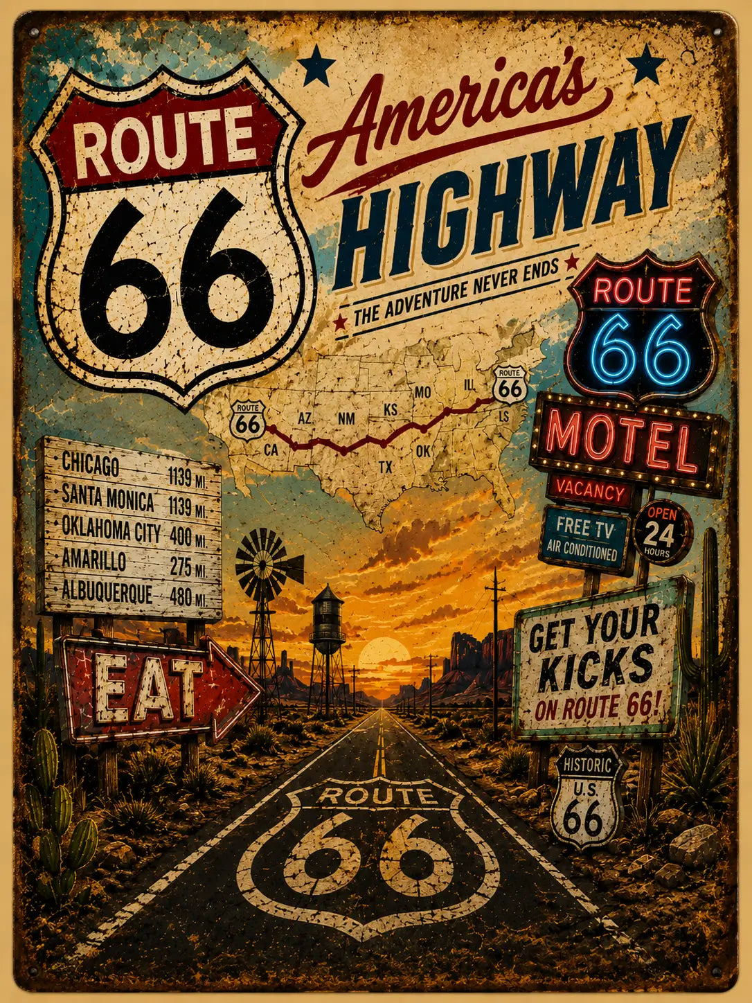 America’s Highway Adventure ~ Route 66 Rustic Vintage Metal Wall Decor