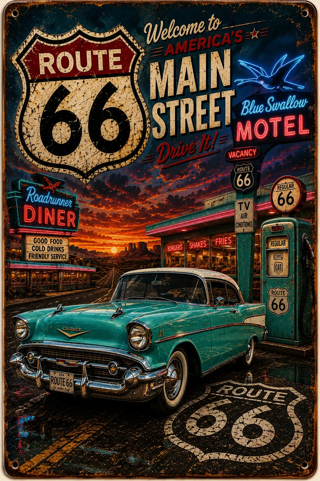 Welcome to America's Main Street ~ Route 66 Rustic Vintage Metal Wall Decor